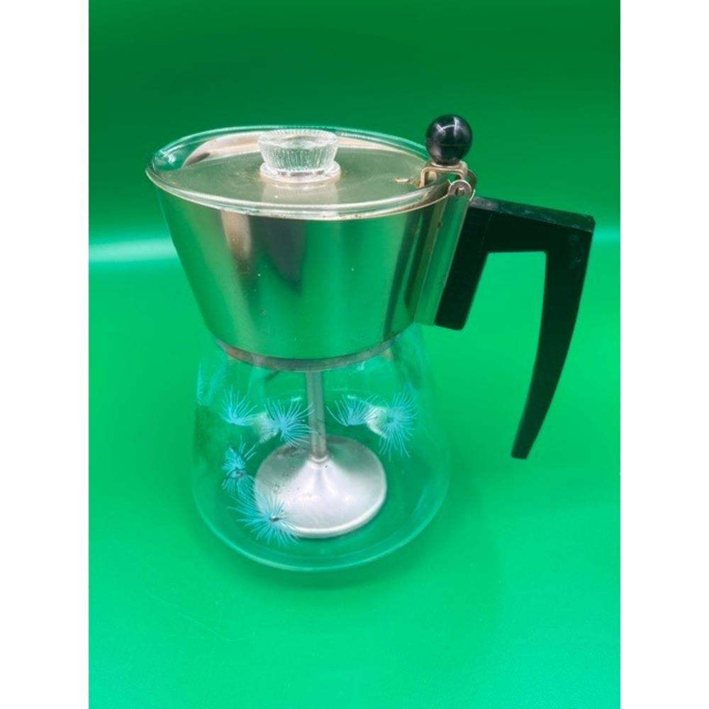 Vintage Glass Stovetop Coffee Percolator Blue Starburst MCM 8 Cup Silver Black